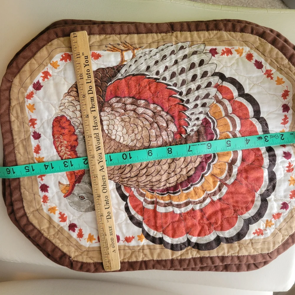 Quilted Turkey Placemats (6) Handmade Autumn Theme Leaves Farmhouse Cottage